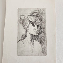 Mid-Century Etching: Young Woman Portrait, 1950s Female Artwork