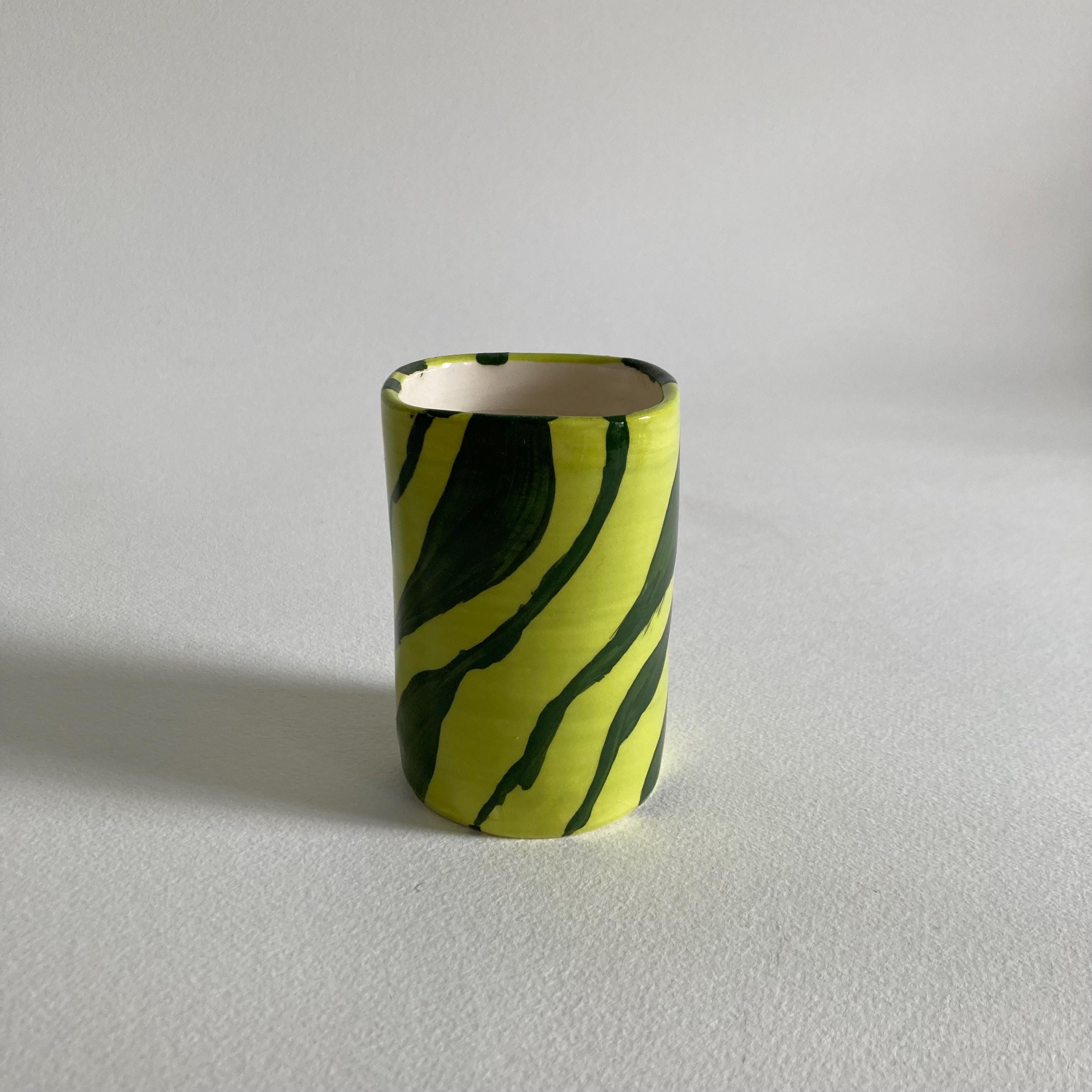 Artist Signed Ceramic Cup: Handmade Green Stripe Pen Container