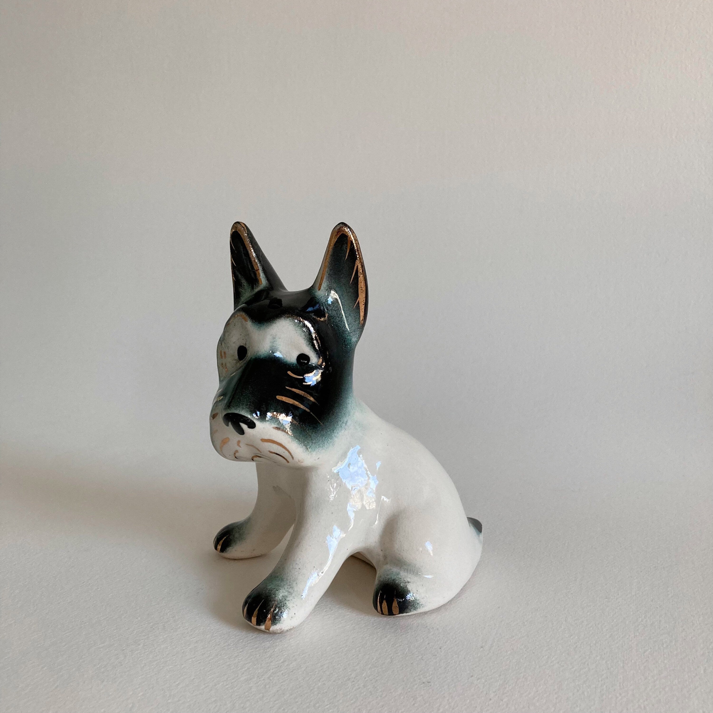 AS IS Vintage 1930s Scottie Dog Statue: Ceramic Scottish Terrier with Gold Accents