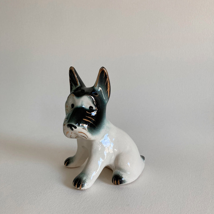 AS IS Vintage 1930s Scottie Dog Statue: Ceramic Scottish Terrier with Gold Accents