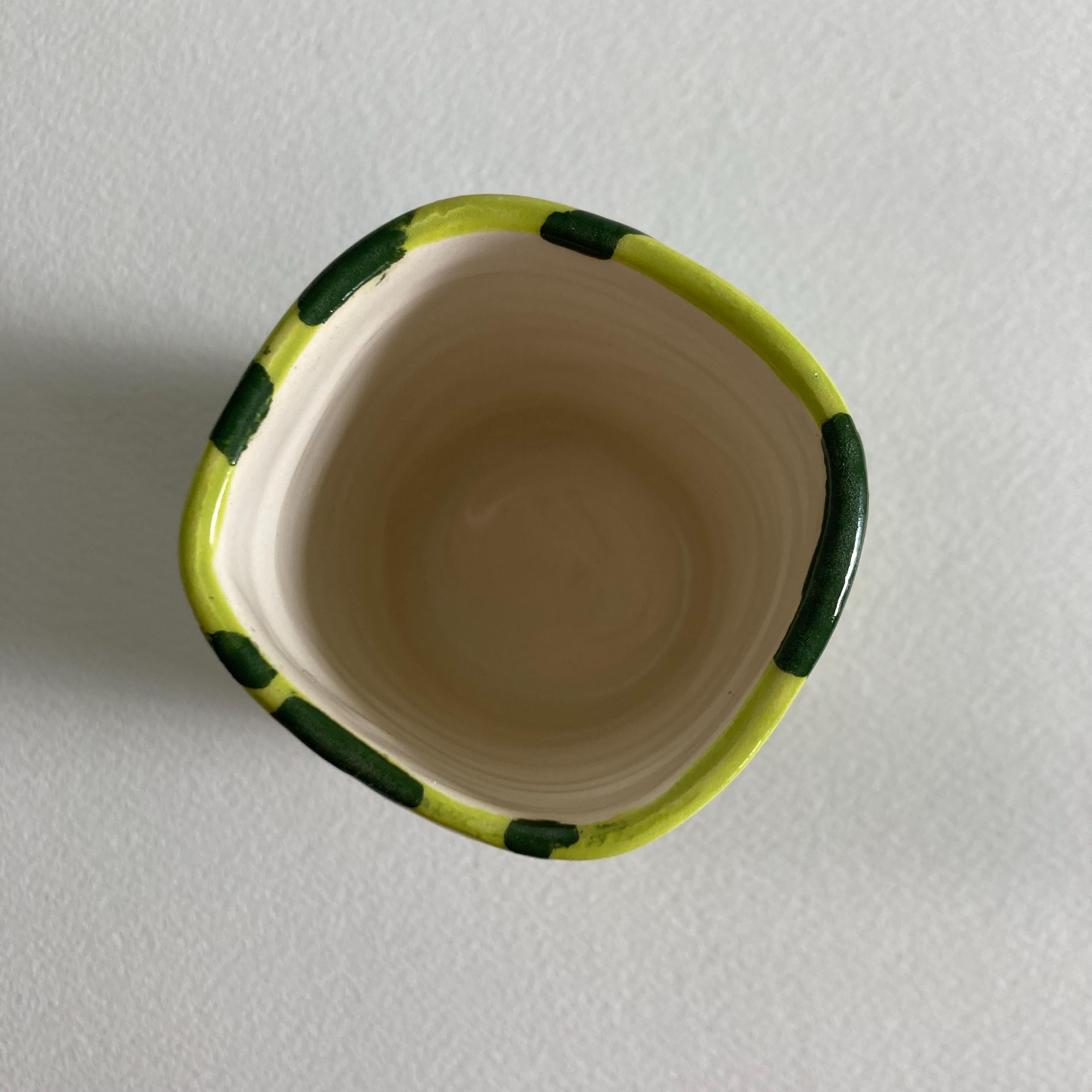 Artist Signed Ceramic Cup: Handmade Green Stripe Pen Container