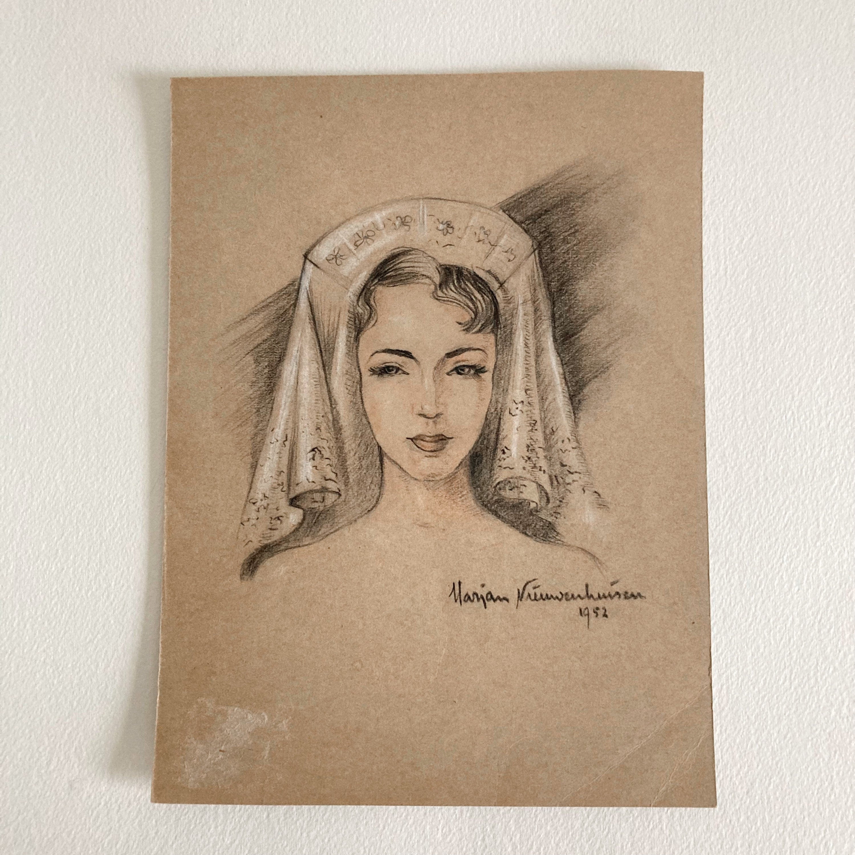 Mid-Century Portrait Art: Young Woman with Veil, 1952 Signed Drawing