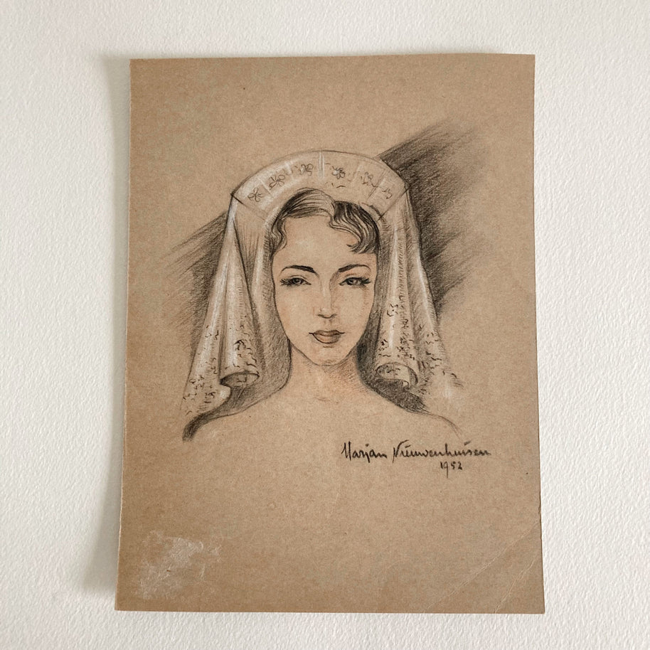 Mid-Century Portrait Art: Young Woman with Veil, 1952 Signed Drawing
