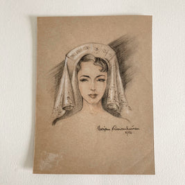 Mid-Century Portrait Art: Young Woman with Veil, 1952 Signed Drawing