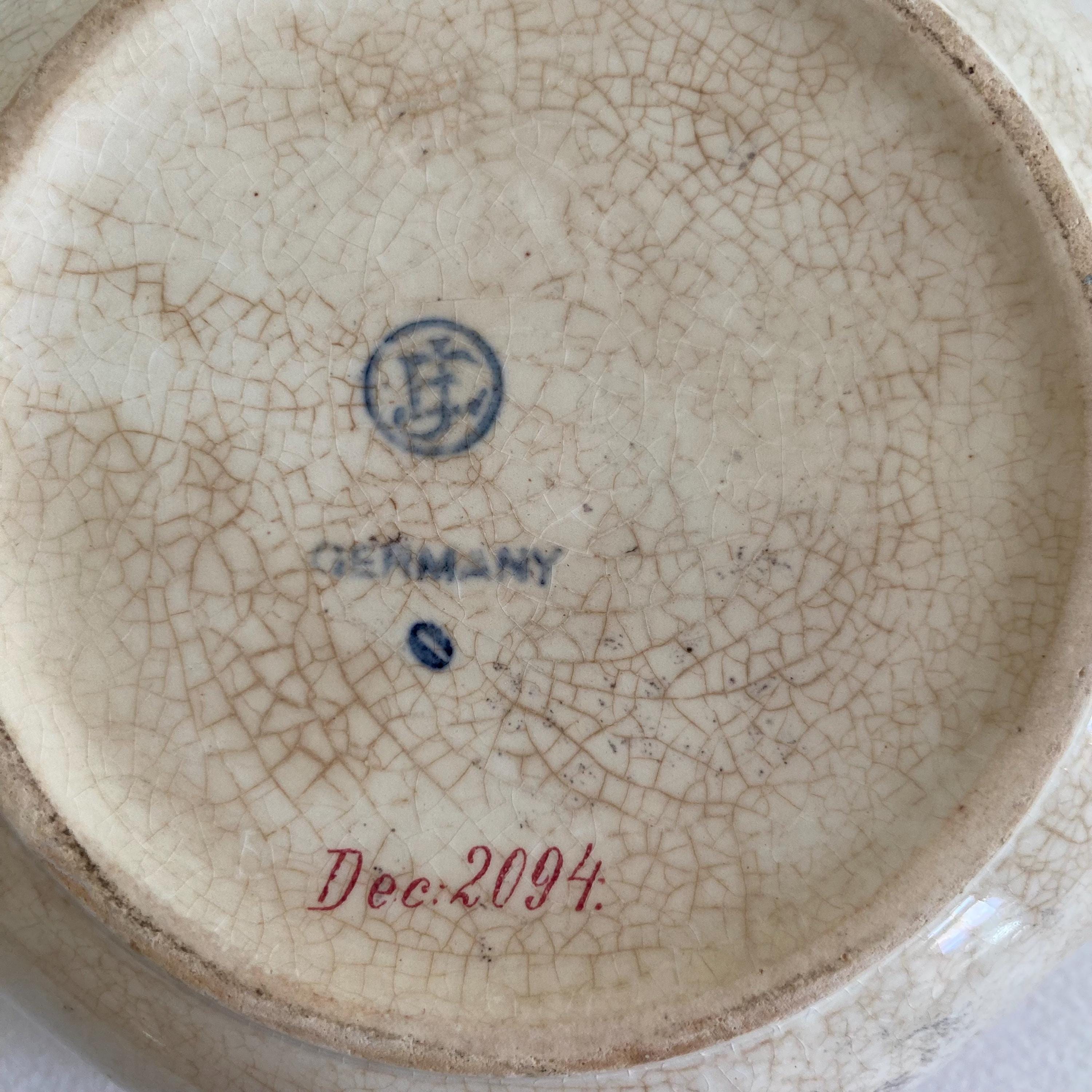 Circa 1930, German Ceramic Bowl w/ Stylized Animals & Folk Tale Imagery - EJ GERMANY - Ivory Burgundy Color Ceramic Bowl