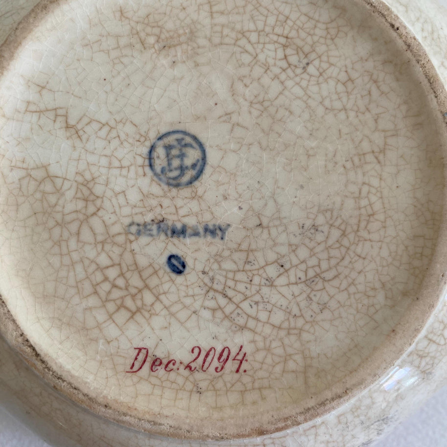 Circa 1930, German Ceramic Bowl w/ Stylized Animals & Folk Tale Imagery - EJ GERMANY - Ivory Burgundy Color Ceramic Bowl