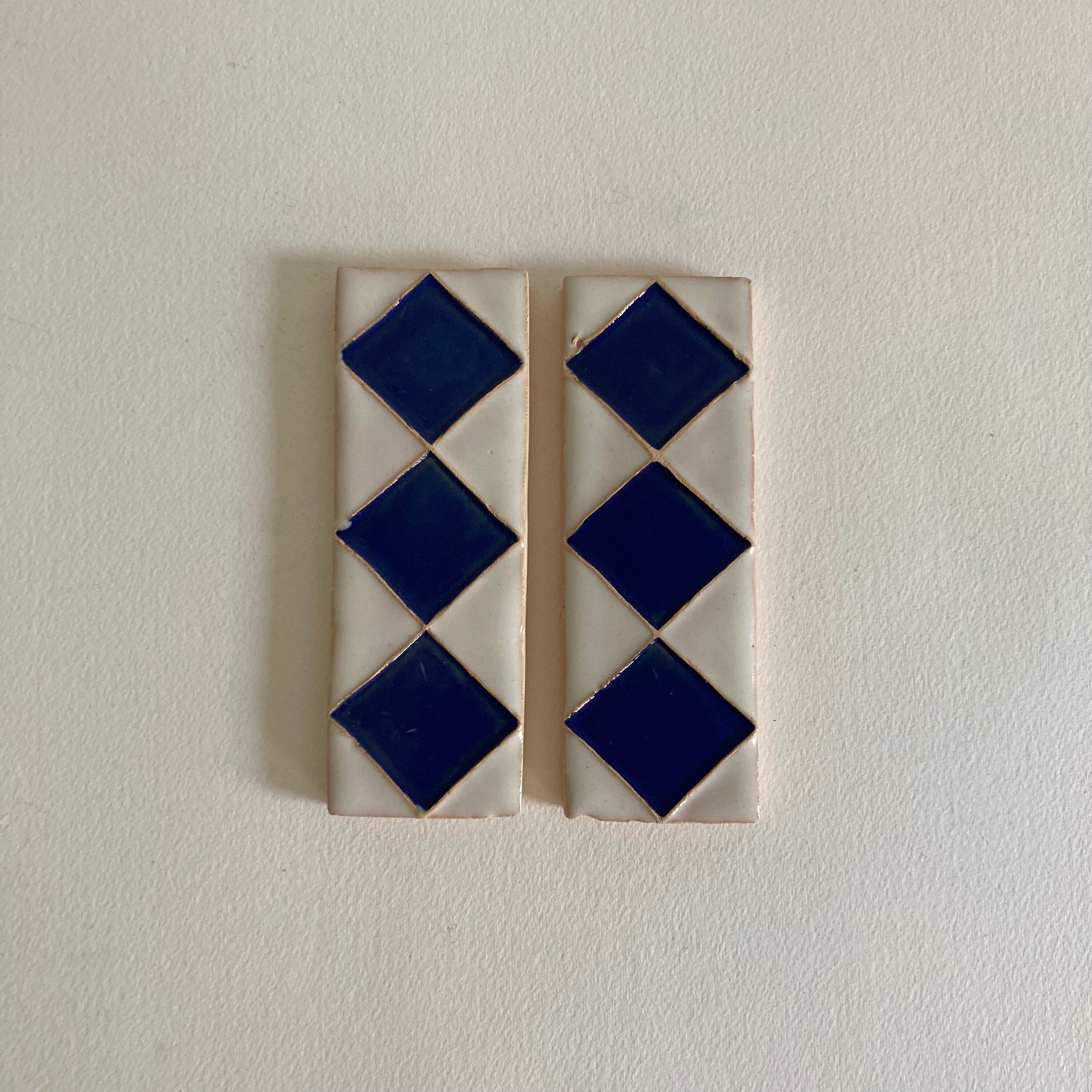Pair of Handmade Ceramic Accent Tiles: Blue Diamond Pattern, 20th Century