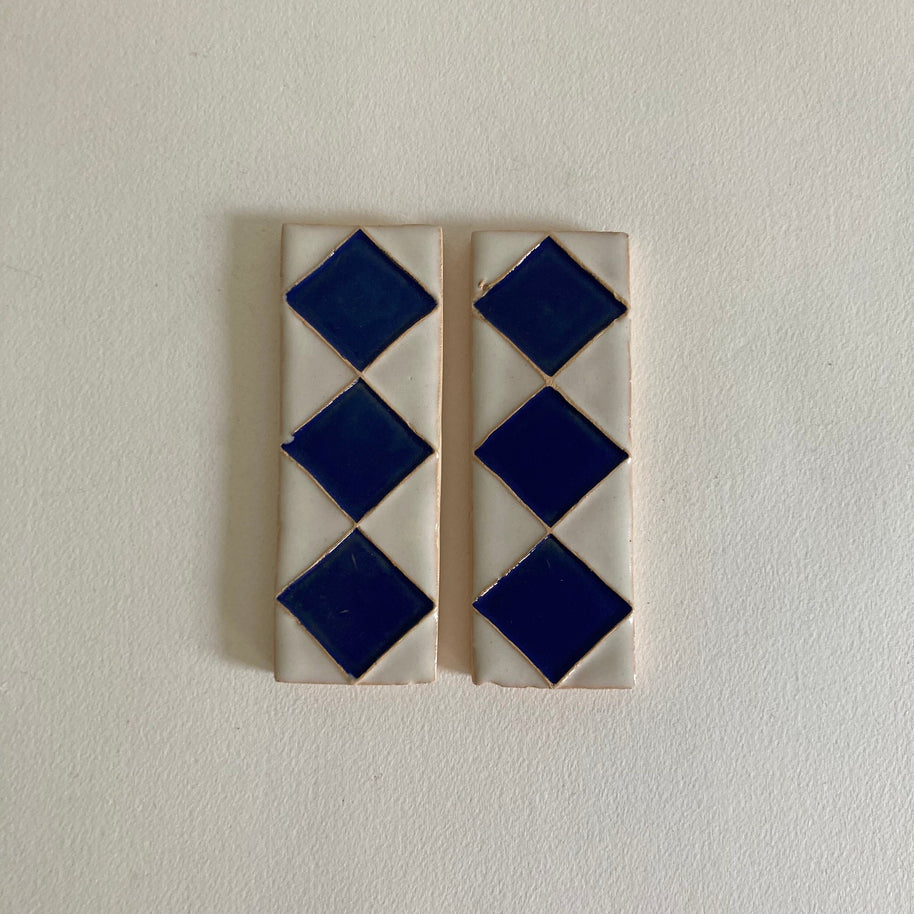 Pair of Handmade Ceramic Accent Tiles: Blue Diamond Pattern, 20th Century