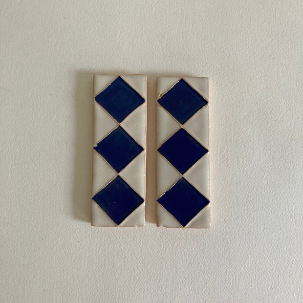 Pair of Handmade Ceramic Accent Tiles: Blue Diamond Pattern, 20th Century