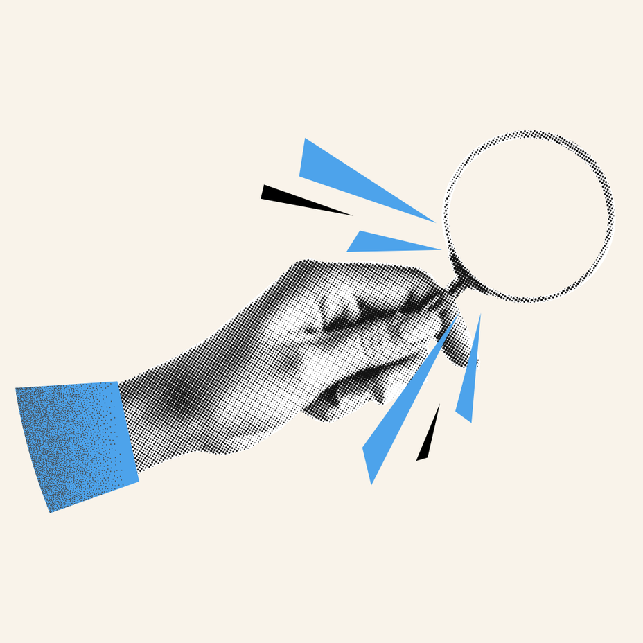 Collage of a hand holding a magnifying glass with geometric shapes on a light background