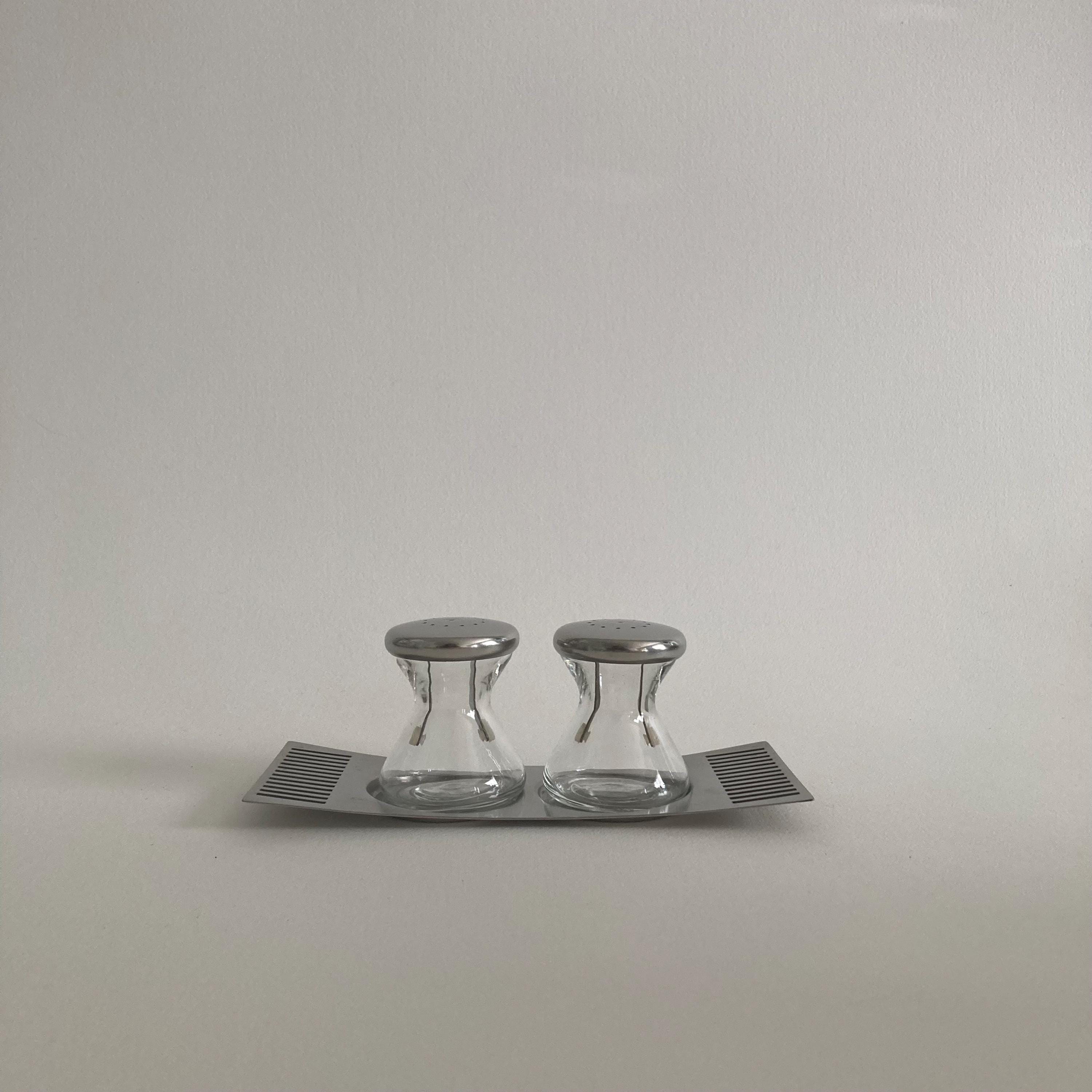 Mid Century Modern Glass and Metal Hourglass Salt & Pepper Shaker Set with Tray - BB Sweden - Bowtie Tray - Vintage Salt and Pepper Shakers