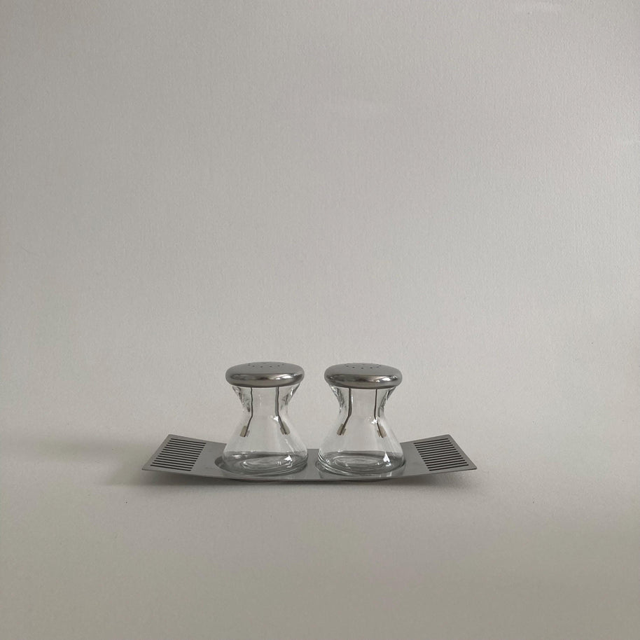 Mid Century Modern Glass and Metal Hourglass Salt & Pepper Shaker Set with Tray - BB Sweden - Bowtie Tray - Vintage Salt and Pepper Shakers