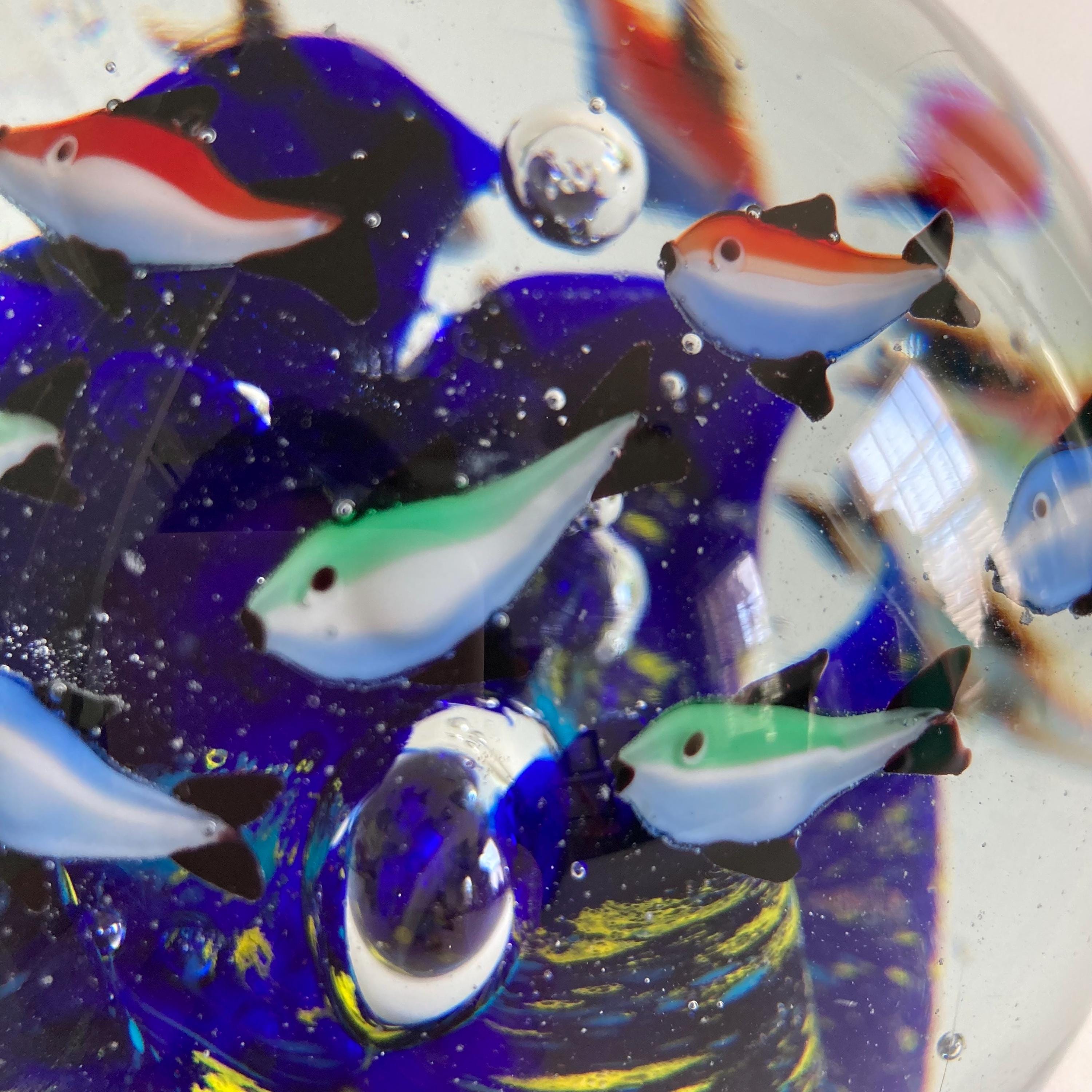 Murano Style Art Glass Paperweight: Ocean Fish Aquarium Orb (5.5