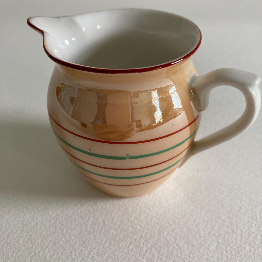 1930s Peach Lusterware Creamer: Striped Ceramic Pitcher, Czechoslovakia