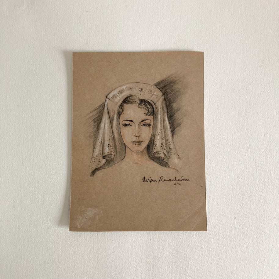 Mid-Century Portrait Art: Young Woman with Veil, 1952 Signed Drawing