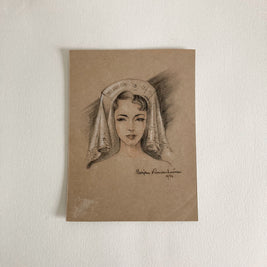 Mid-Century Portrait Art: Young Woman with Veil, 1952 Signed Drawing