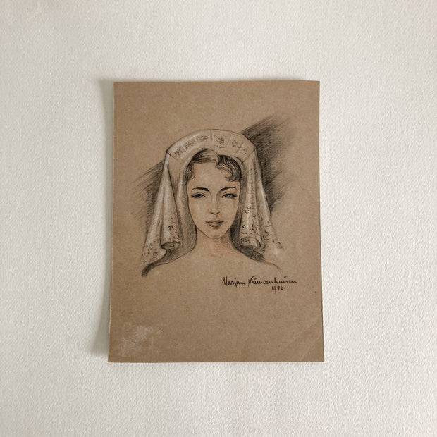 Mid-Century Portrait Art: Young Woman with Veil, 1952 Signed Drawing