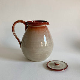 Studio Pottery Pitcher with Lid: Tan Reddish Brown Glaze, 8