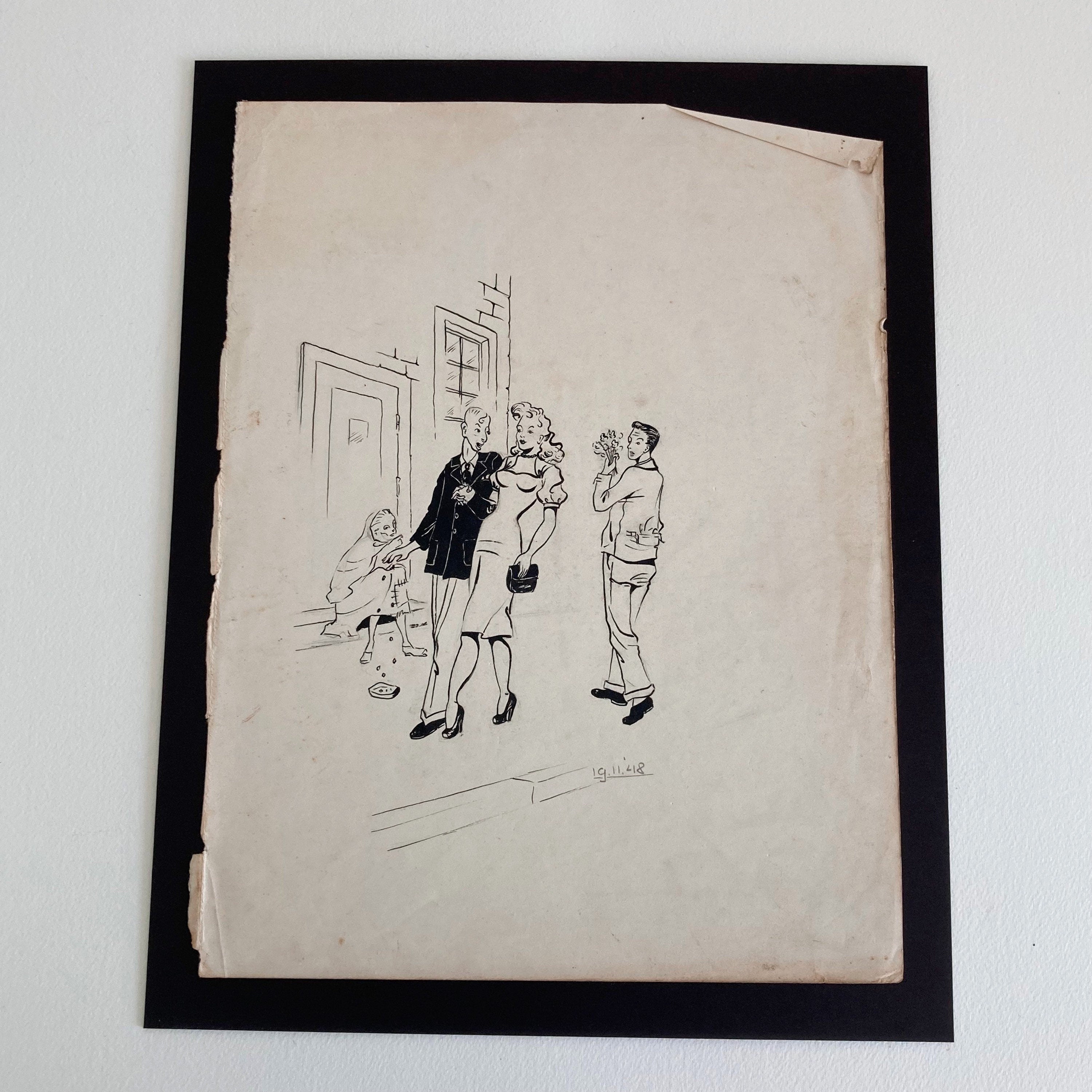 1948 Pen & Ink Sketch: Mid-Century Couple, Street Scene - Original Drawing