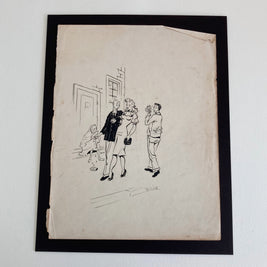 1948 Pen & Ink Sketch: Mid-Century Couple, Street Scene - Original Drawing