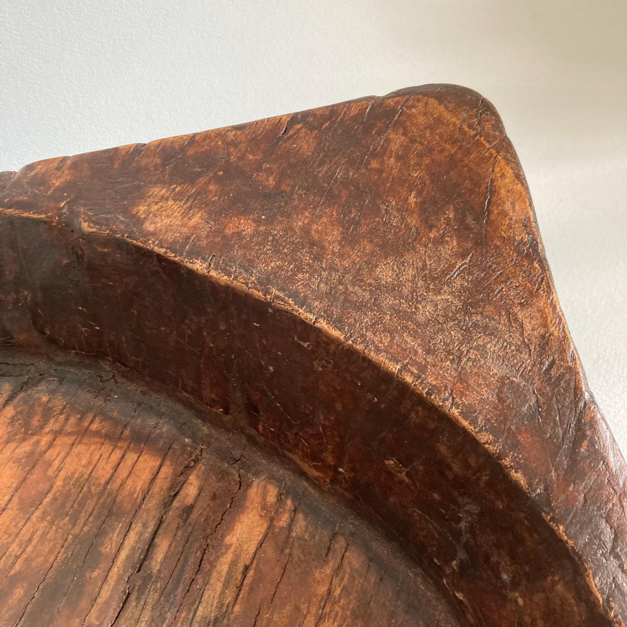 Vintage Indian Attributed Chapati Bowl: Large Patinated Wood Centerpiece