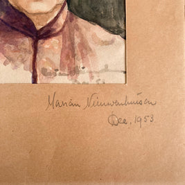 Mid Century Watercolor Portrait: Woman in Kimono Jacket, Signed Art (1953)