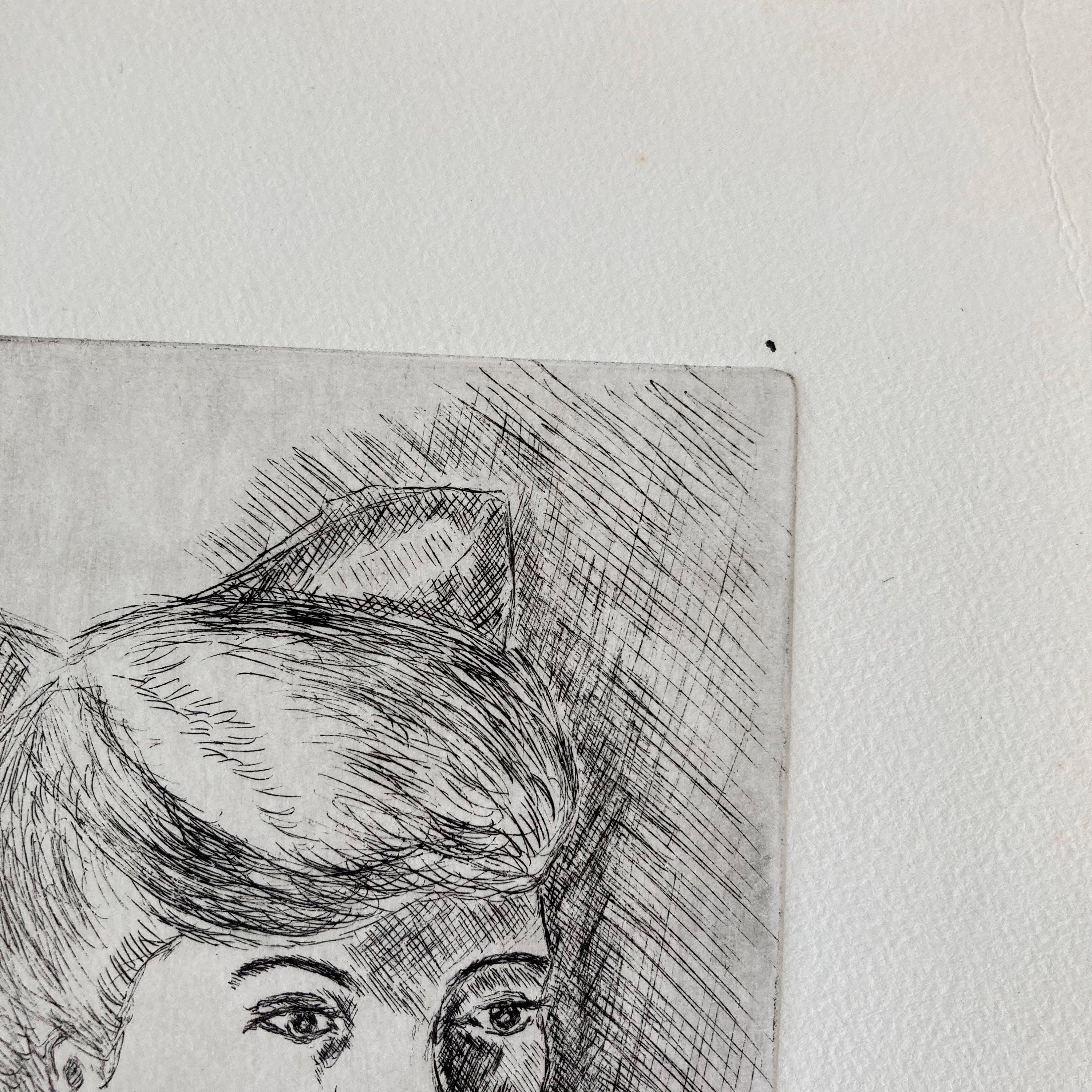 Mid-Century Etching: Young Woman Portrait, 1950s Female Artwork
