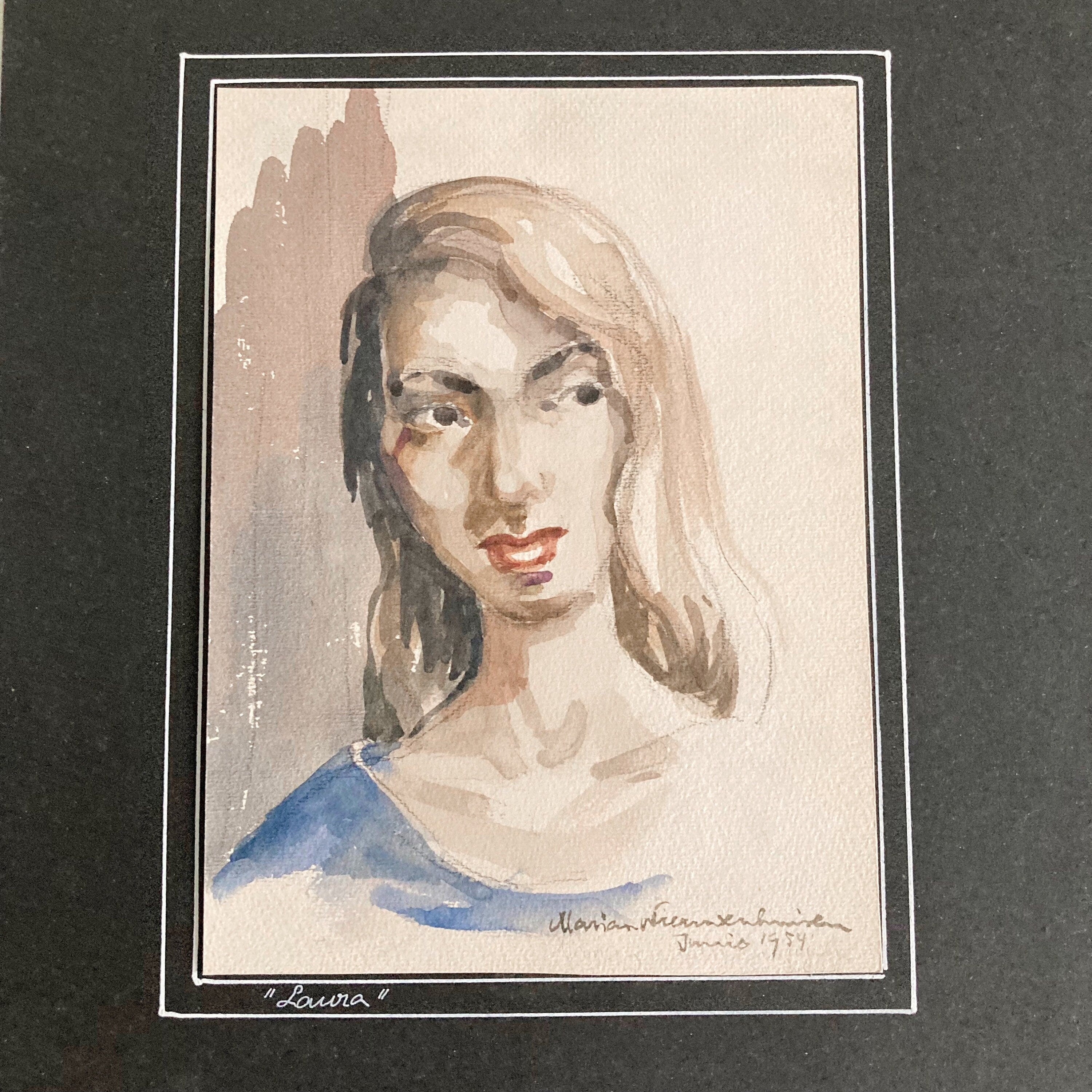 Mid Century Watercolor Portrait: Young Woman, Signed & Dated 1954