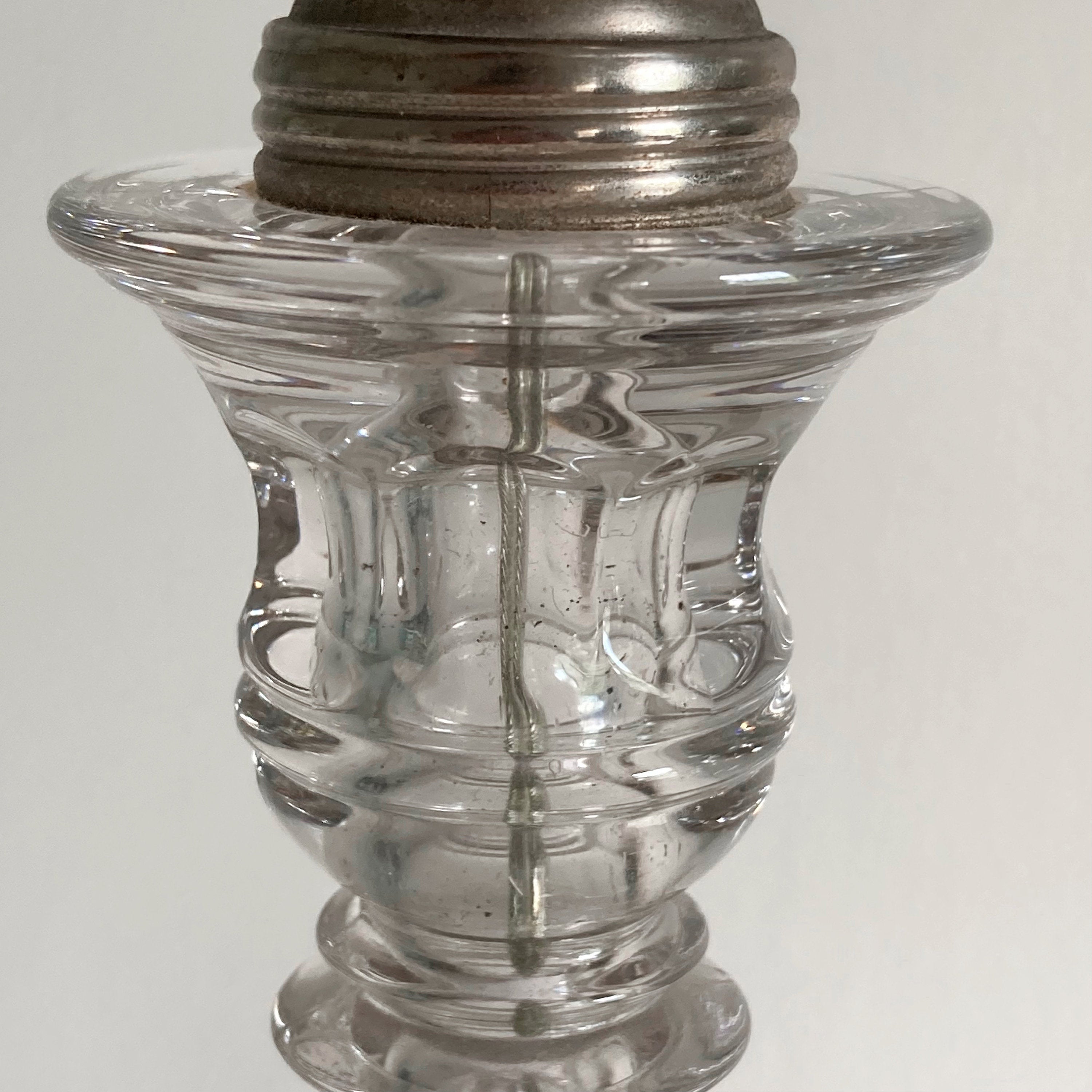 Vintage Clear Glass Table Lamps: Geometric Stem Design, Set of 2