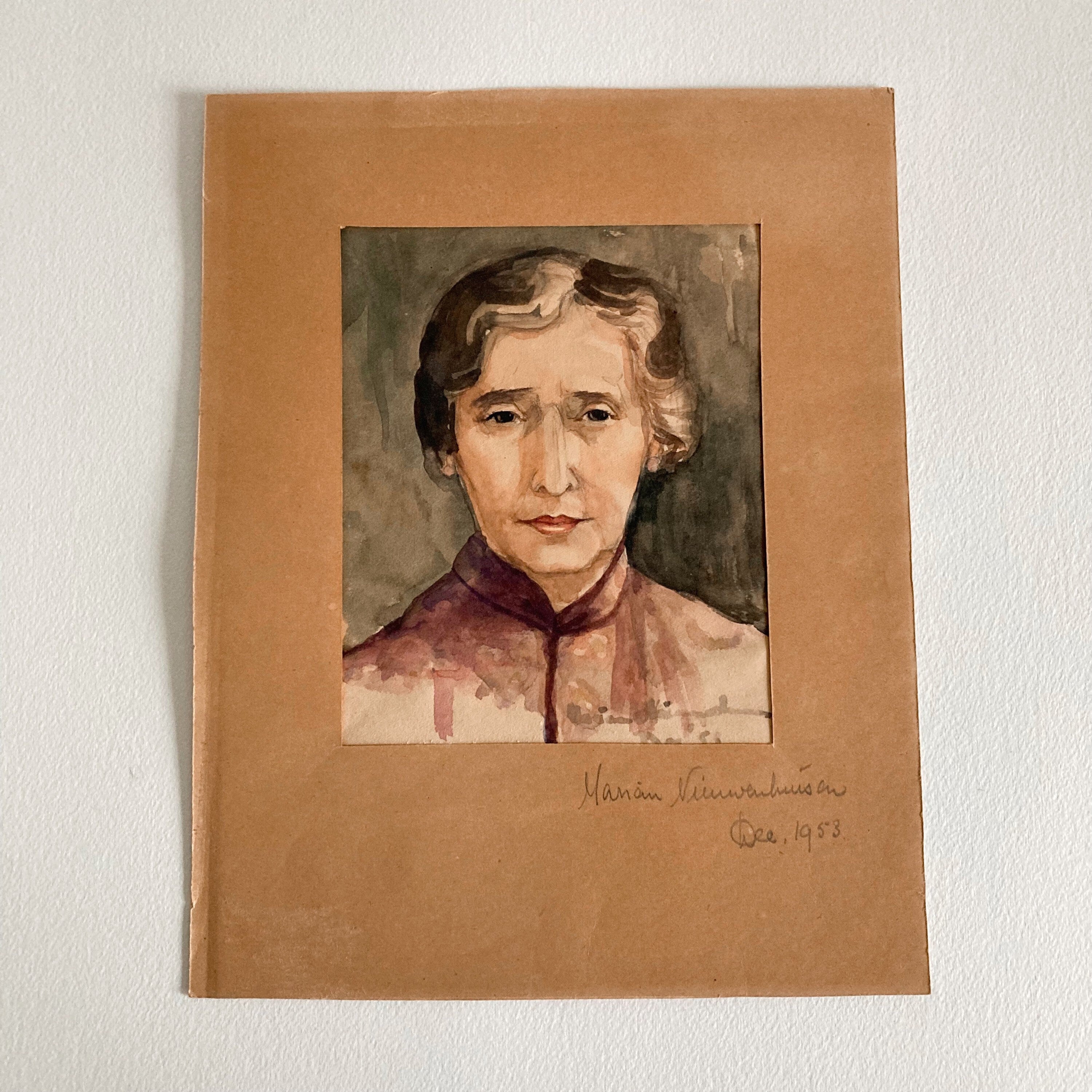 Mid Century Watercolor Portrait: Woman in Kimono Jacket, Signed Art (1953)