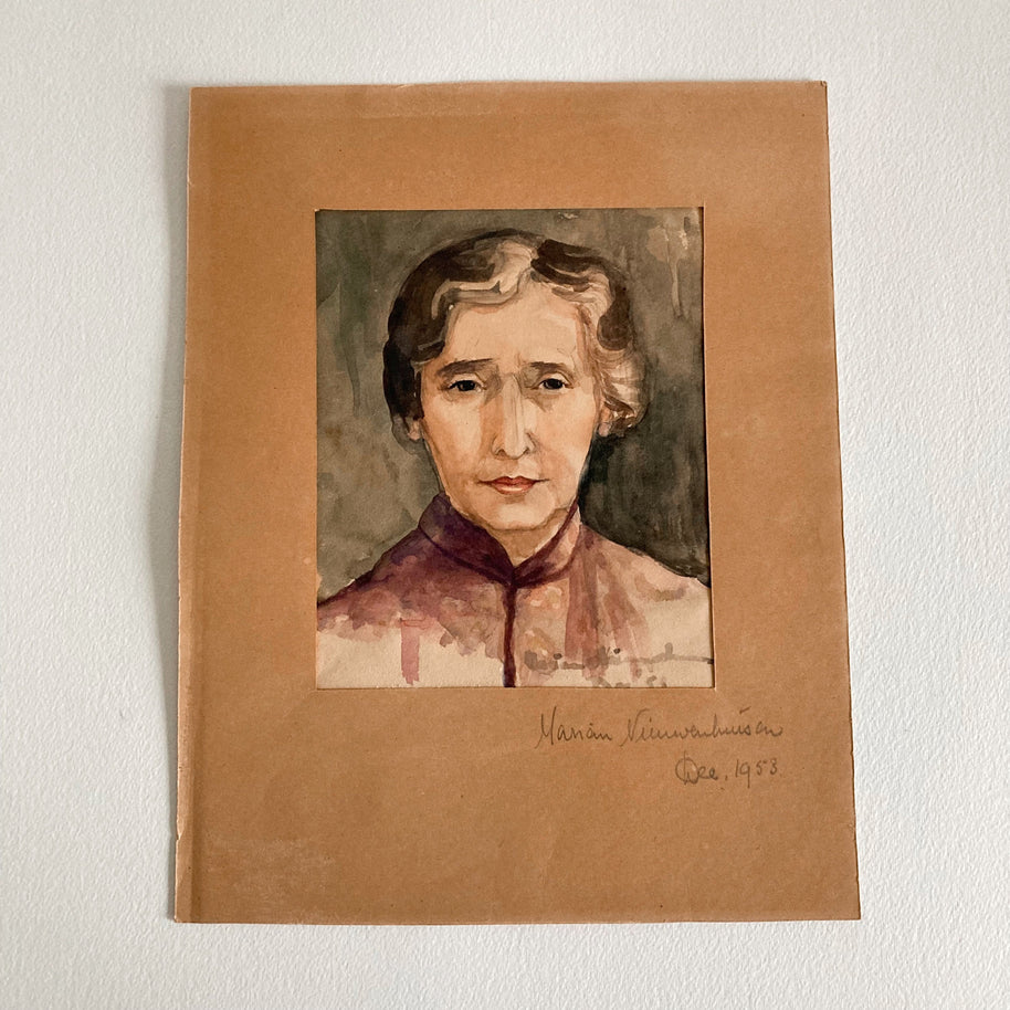 Mid Century Watercolor Portrait: Woman in Kimono Jacket, Signed Art (1953)
