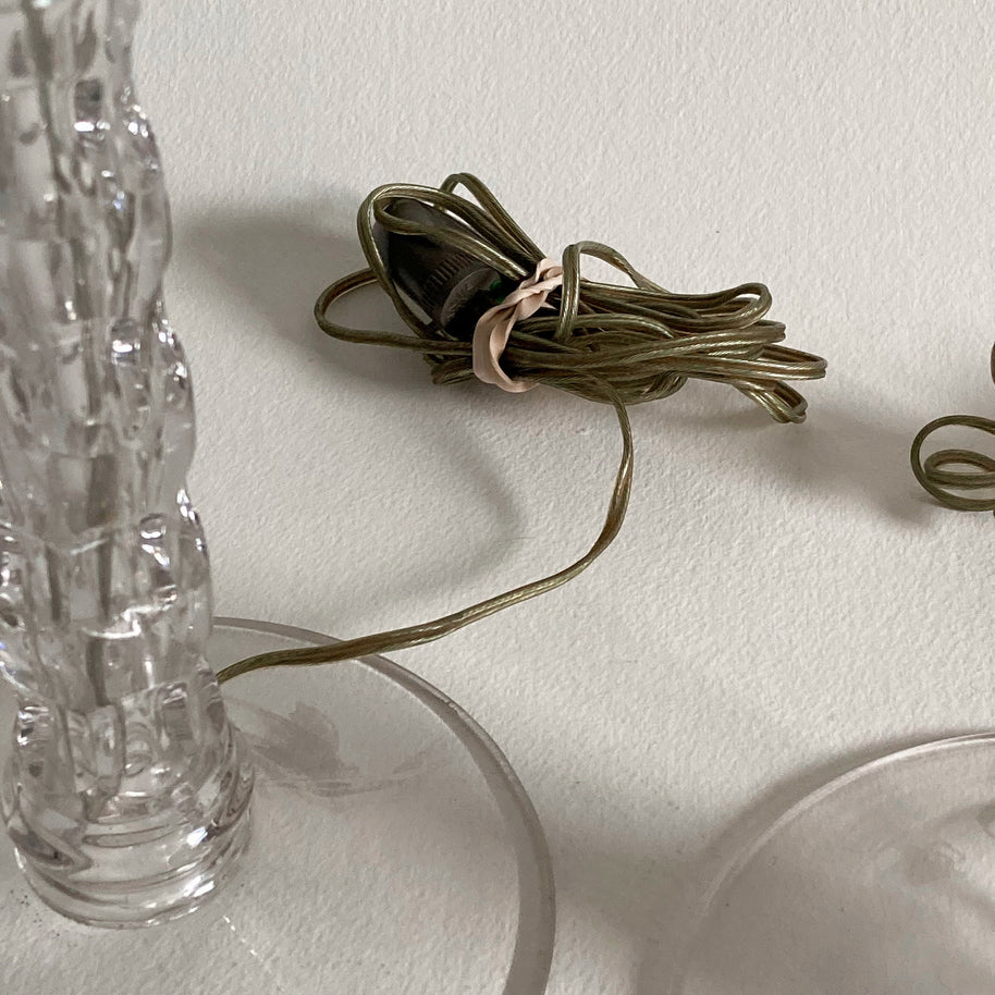 Vintage Clear Glass Table Lamps: Geometric Stem Design, Set of 2