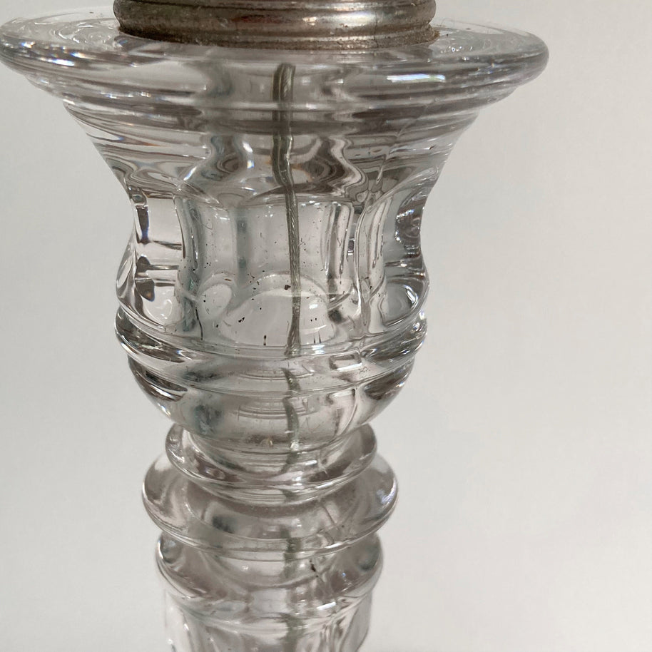 Vintage Clear Glass Table Lamps: Geometric Stem Design, Set of 2