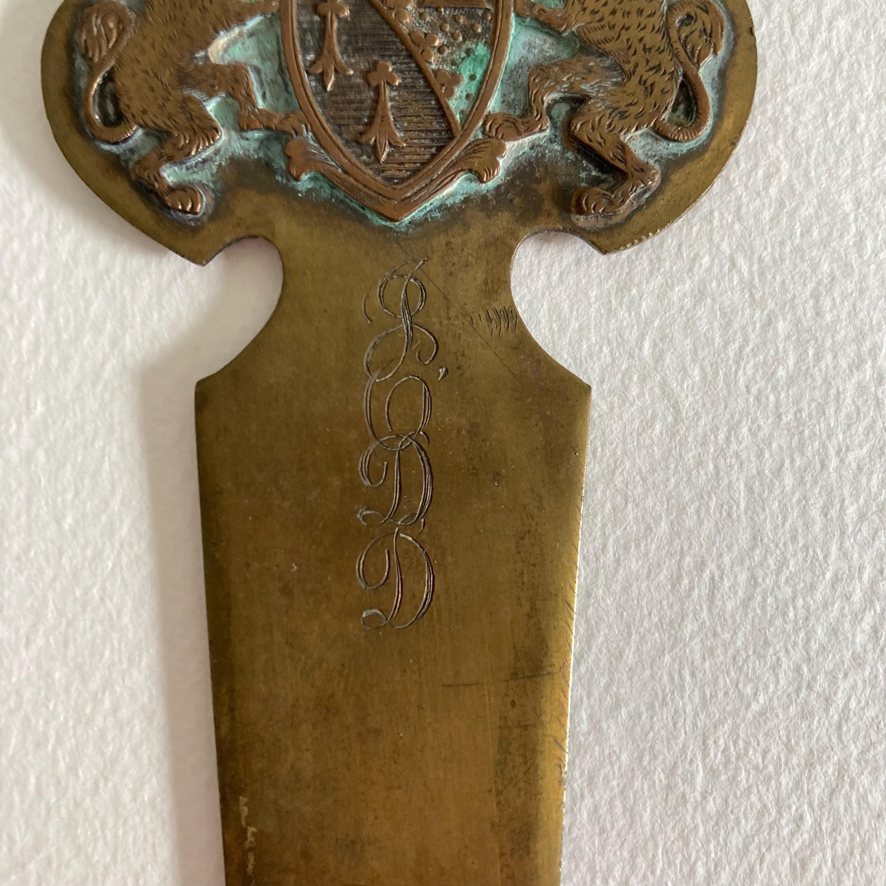 Vintage Brass Letter Opener: Lion Crest Handle, Monogrammed