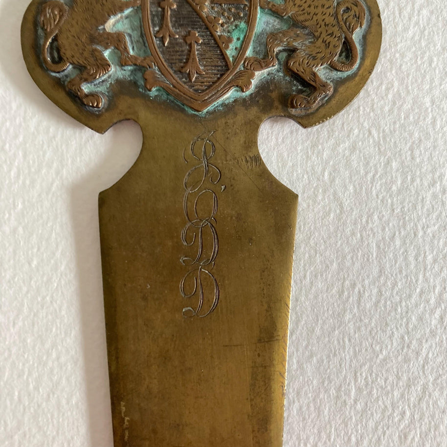 Vintage Brass Letter Opener: Lion Crest Handle, Monogrammed
