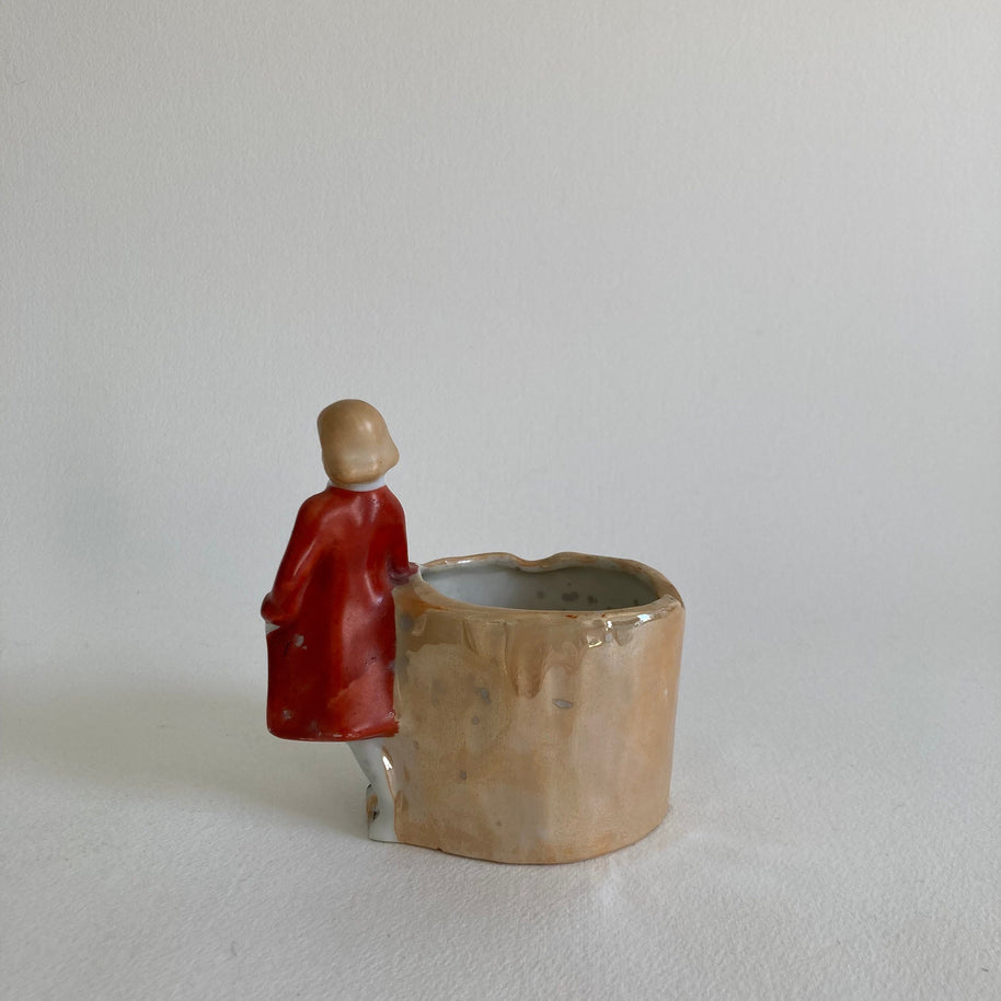 1930s Japanese Lusterware Planter: Boy with Dog Pen Cup