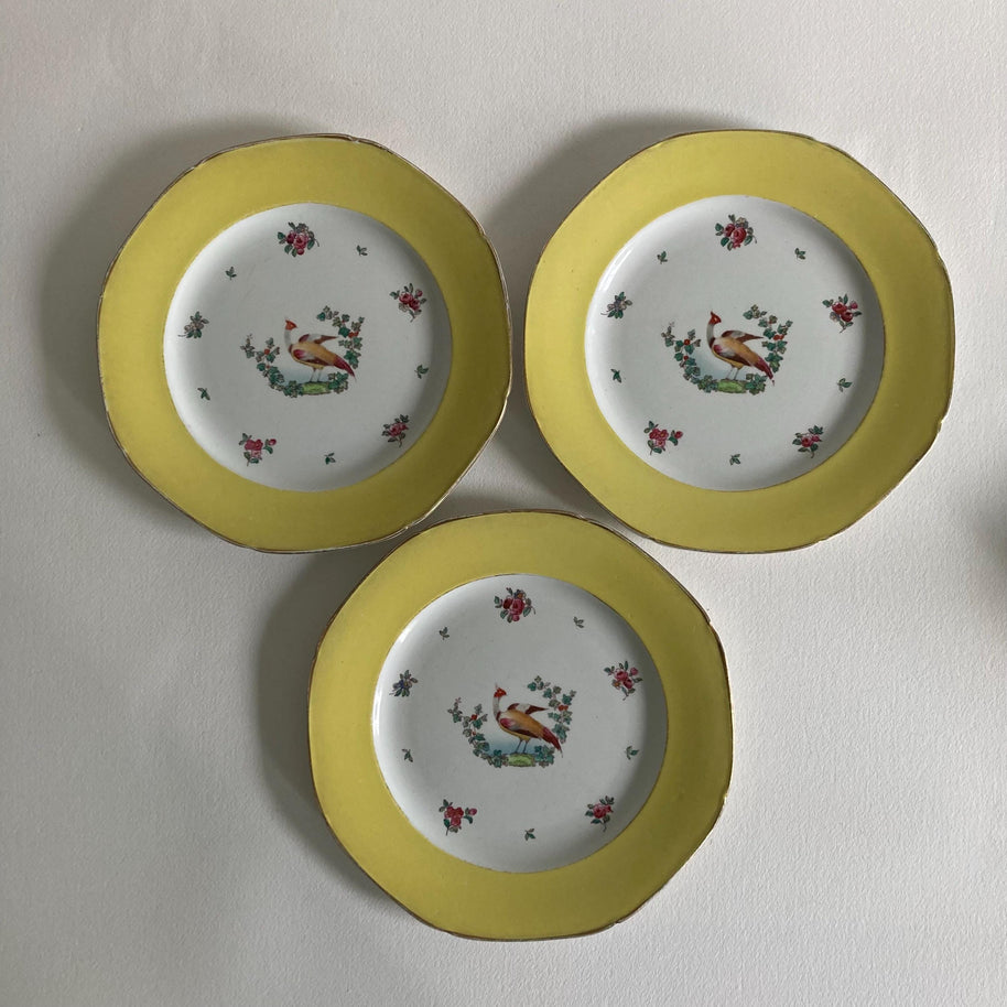 1920s Whieldon Ware Plates (Set of 3): Old Bow Bird & Floral Motif
