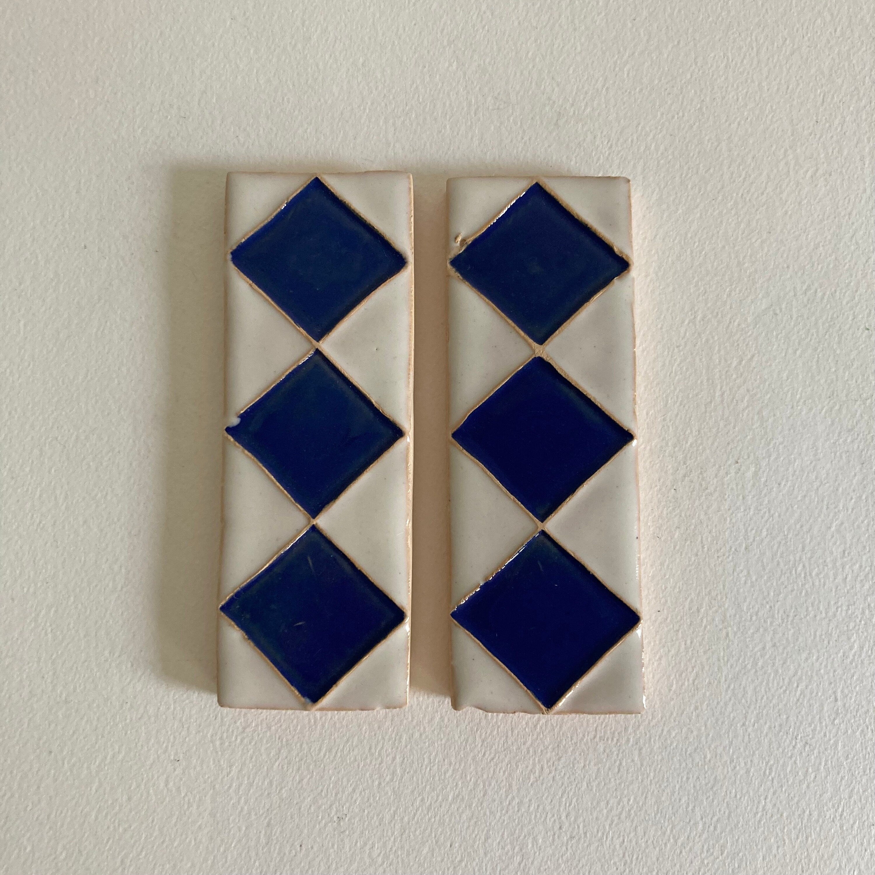 Pair of Handmade Ceramic Accent Tiles: Blue Diamond Pattern, 20th Century