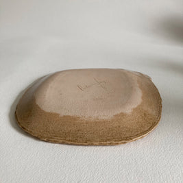 Artist Made Pottery Plate: Tribal Faces, Speckled Tan Glaze, Signed