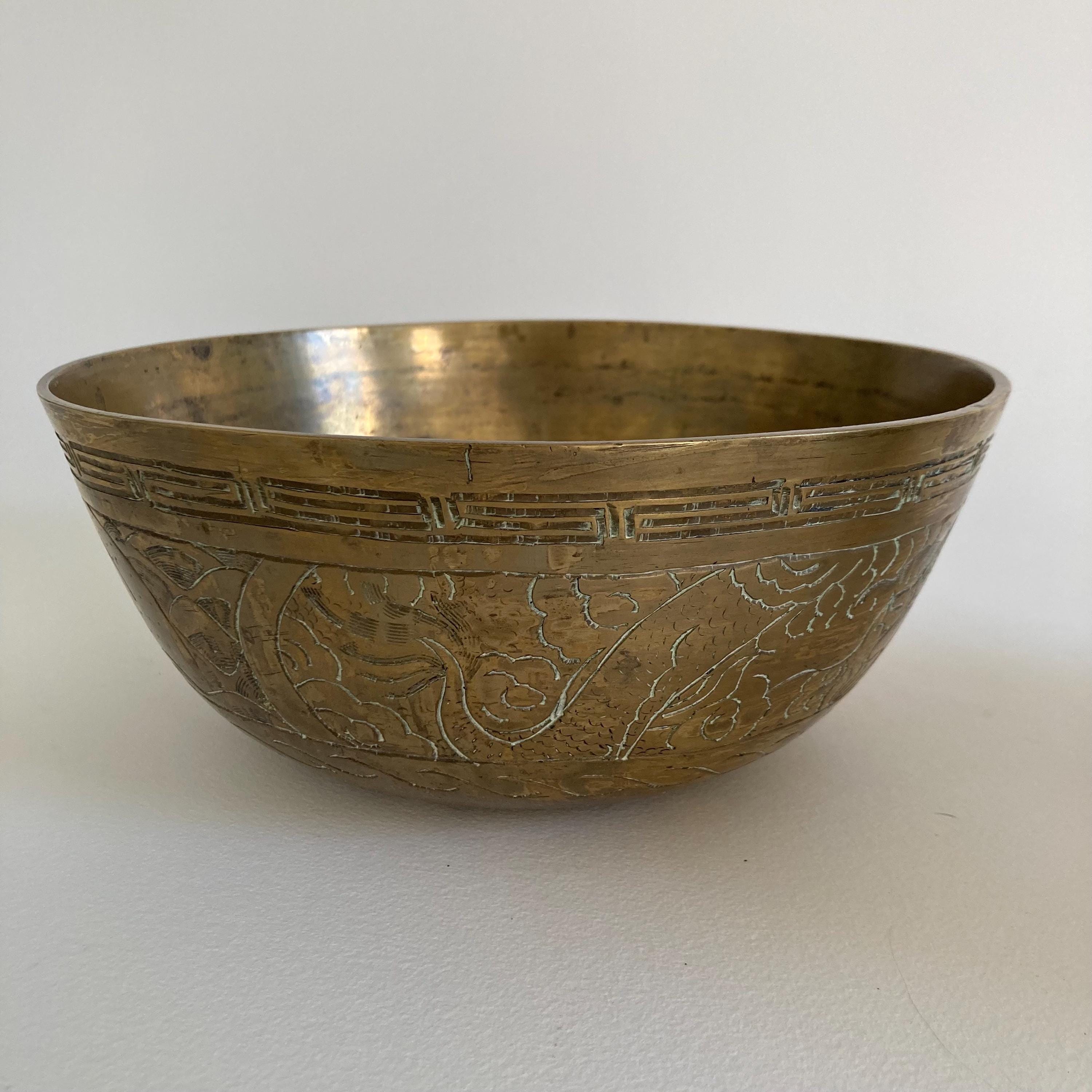 Vintage Chinese Brass Bowls - Dragon & Animal Etchings - Set of 2
