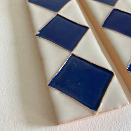 Pair of Handmade Ceramic Accent Tiles: Blue Diamond Pattern, 20th Century