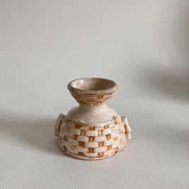 1930s Japanese Ceramic Compote Bowl: Fruit Basket Weave, Gold Rim