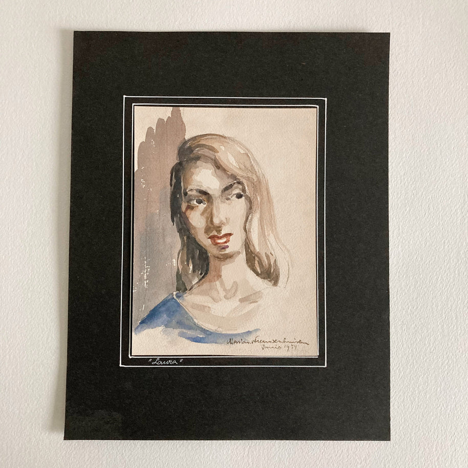 Mid Century Watercolor Portrait: Young Woman, Signed & Dated 1954