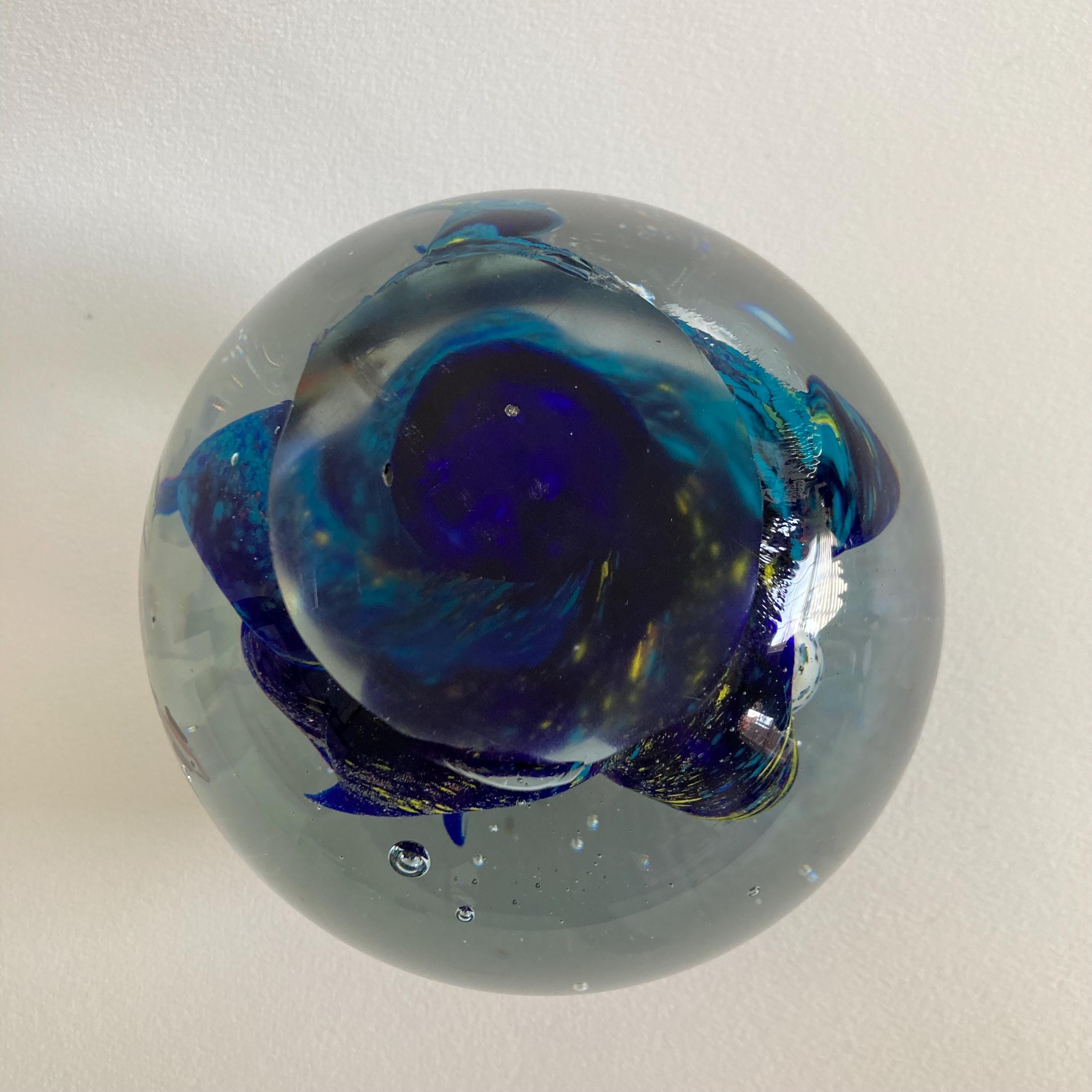 Murano Style Art Glass Paperweight: Ocean Fish Aquarium Orb (5.5
