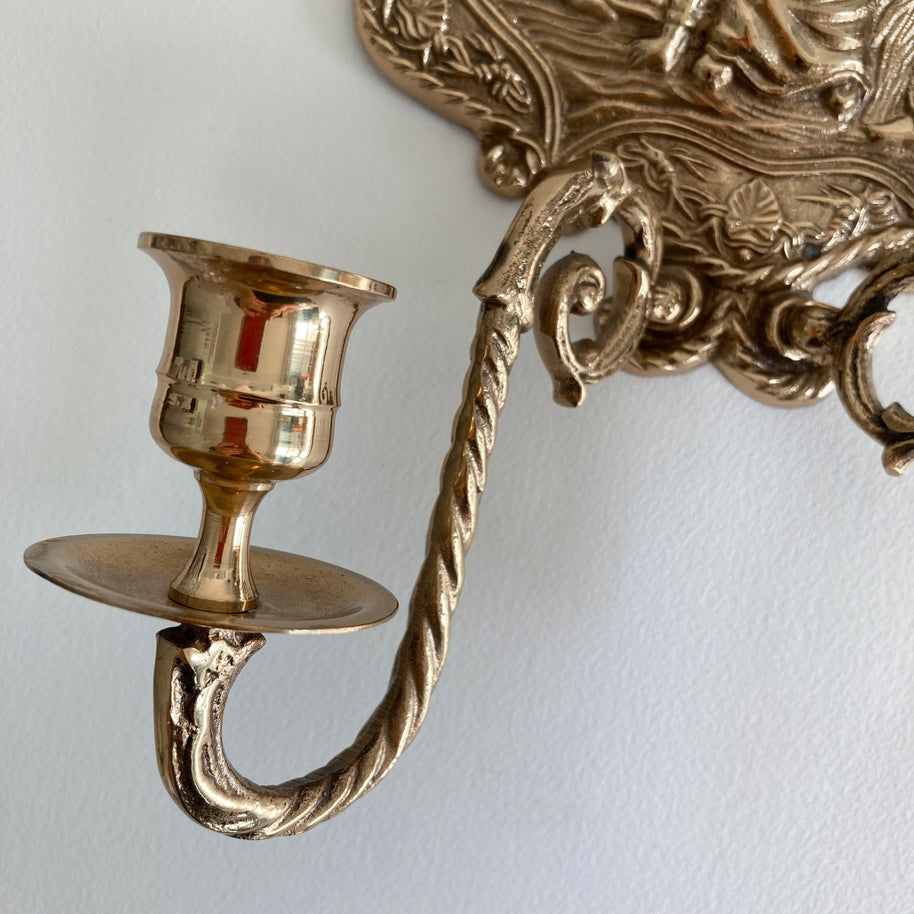 Vintage Fritz Brass Wall Sconce: Korean Peasant Scene, 1960s Style