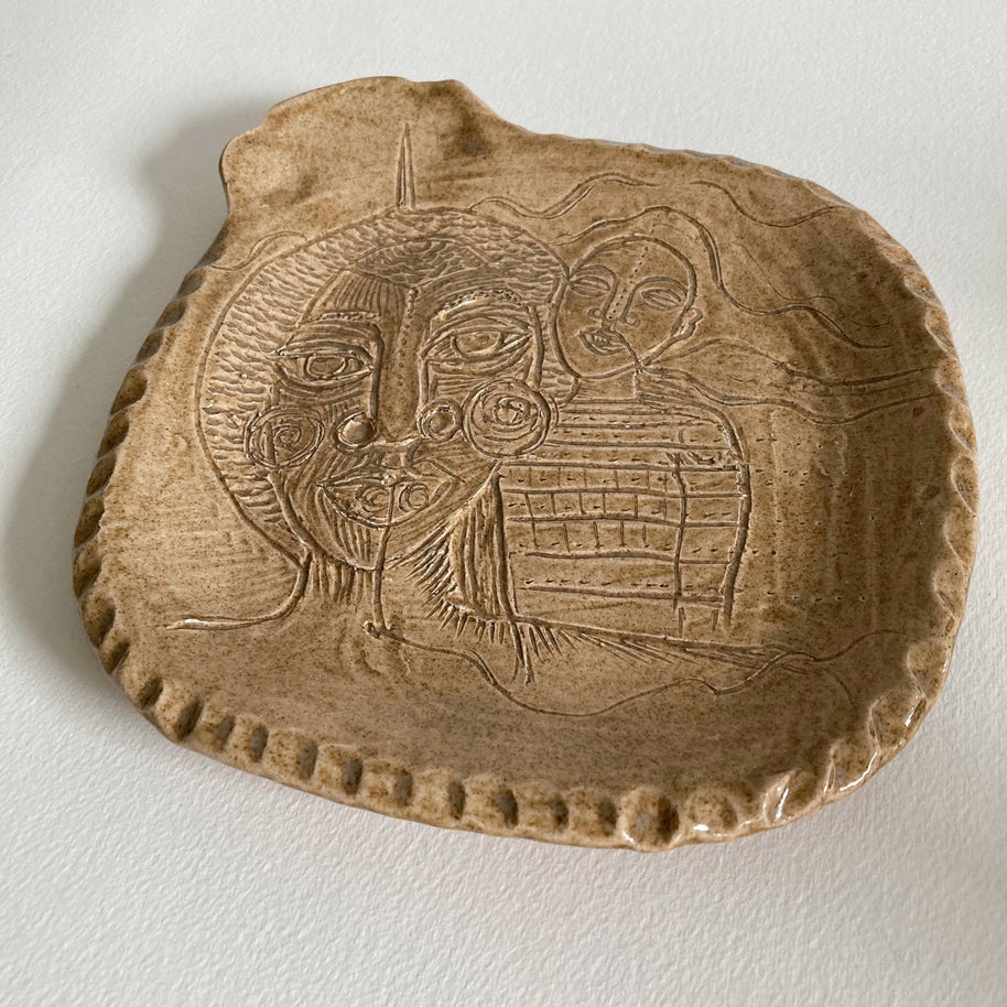 Artist Made Pottery Plate: Tribal Faces, Speckled Tan Glaze, Signed