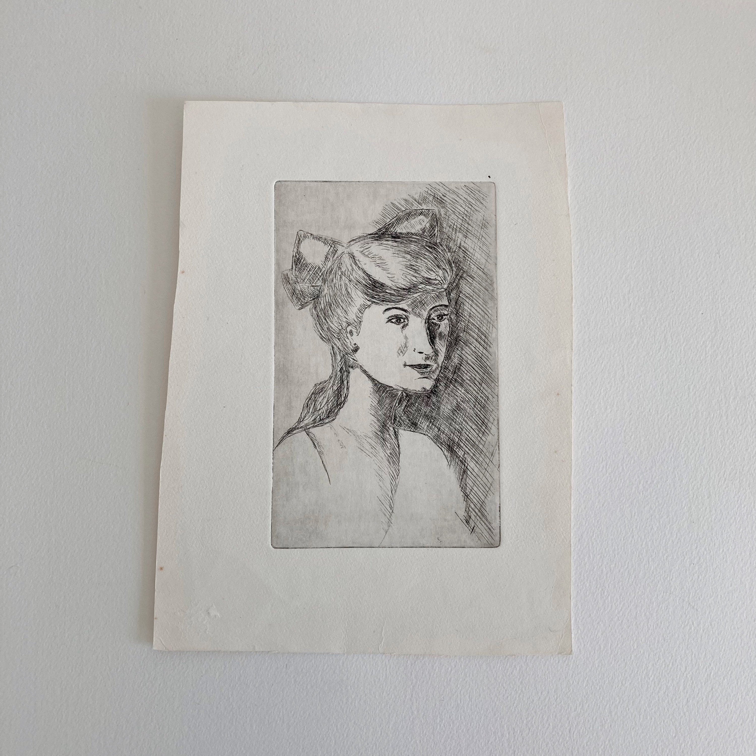 Mid-Century Etching: Young Woman Portrait, 1950s Female Artwork