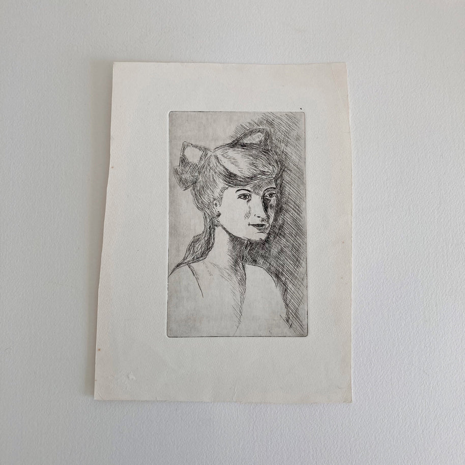 Mid-Century Etching: Young Woman Portrait, 1950s Female Artwork