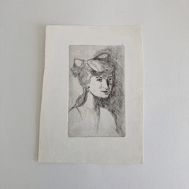 Mid-Century Etching: Young Woman Portrait, 1950s Female Artwork