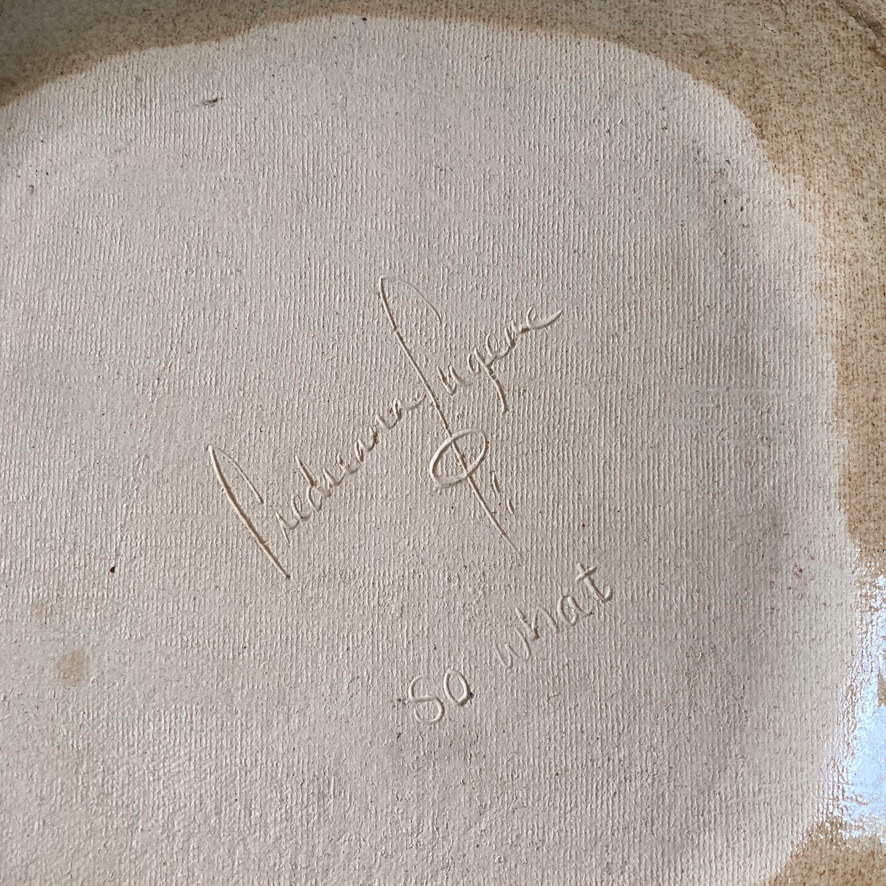 Artist Made Pottery Plate: Tribal Faces, Speckled Tan Glaze, Signed